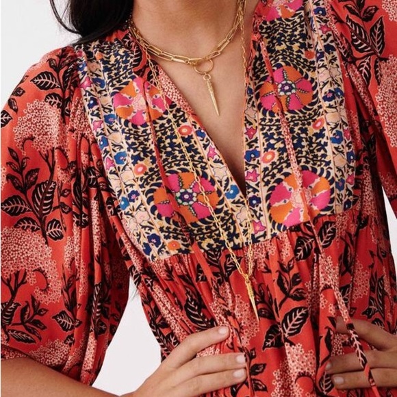 Ba&sh Dress Women's 0 Orange Multi Floral 3/4 Sleeve V-Neck Cottage Core NWT - Picture 8 of 8